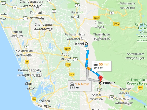 കോന്നിയിൽ നിന്നും പുനലൂരിലേക്ക്