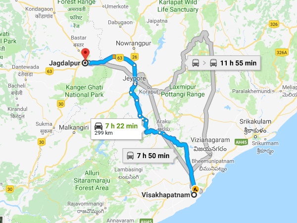 വിശാഖപട്ടണത്തിൽ നിന്നും ജഗദൽപൂരിൽ എങ്ങിനെ എത്തിച്ചേരാം