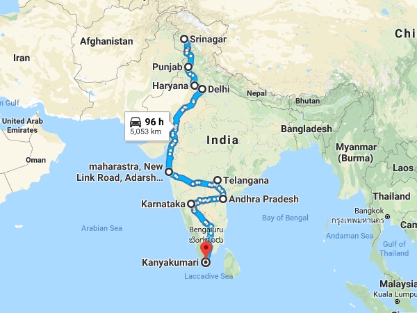 ശ്രീനഗറിൽ നിന്നും കന്യാകുമാരി വരെ